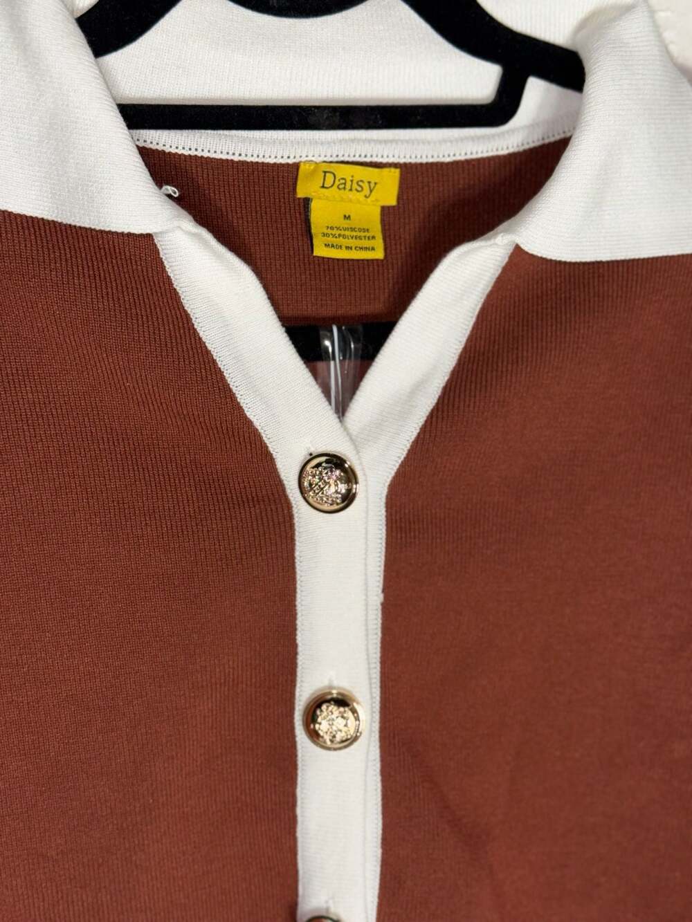 Daisy Two-Piece Knit Skirt Set Brown with White Contrast Trim and Gold Buttons - Picture 5 of 7